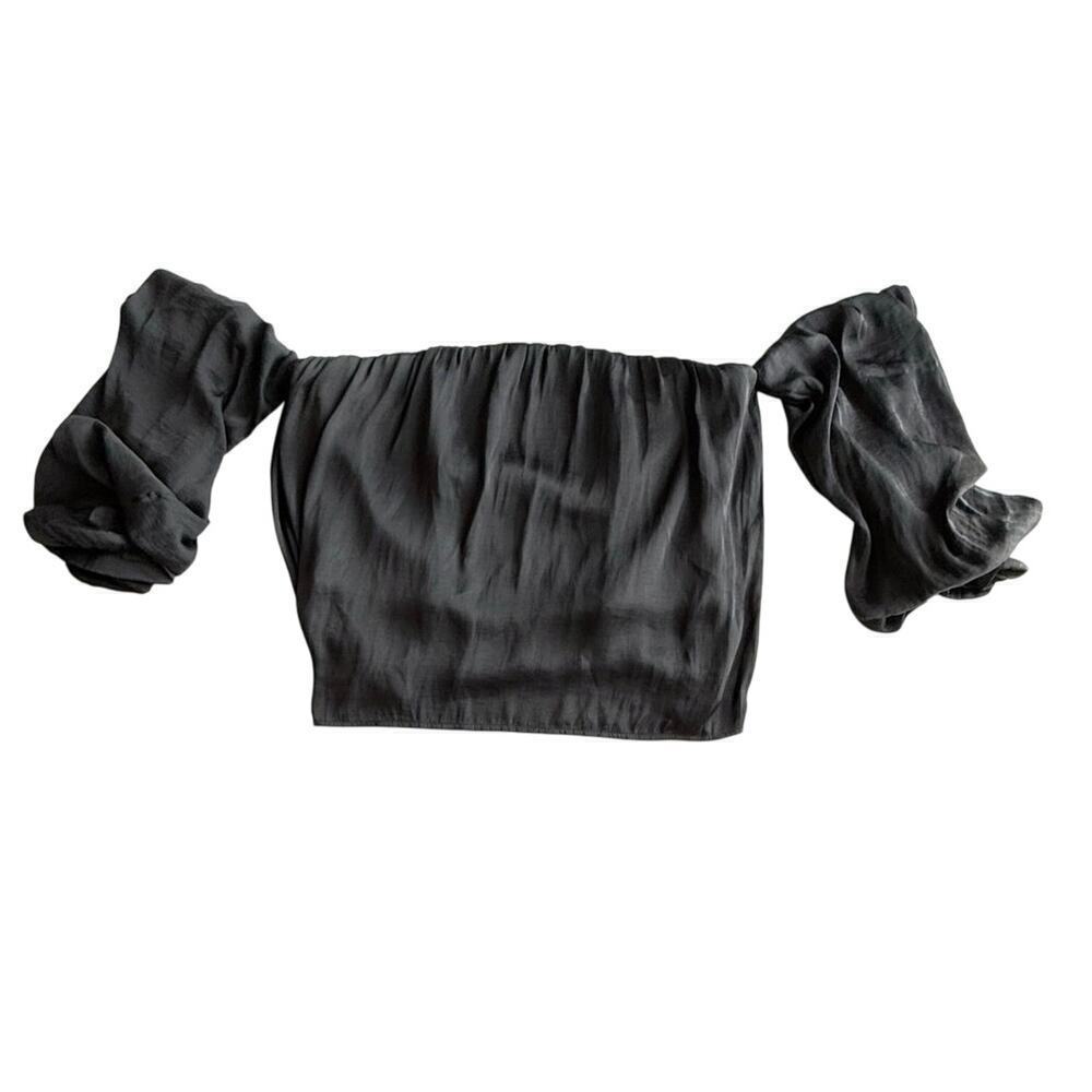 Bardot Women's Black Off-the-Shoulder Crop Top Short Ruffle Sleeves Size 8(M)